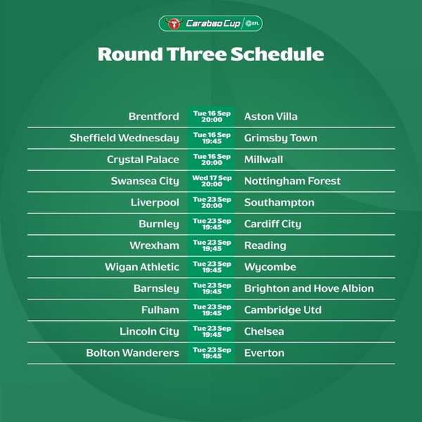 联赛杯第三轮赛程公布：利物浦对阵南安普顿凌晨开战